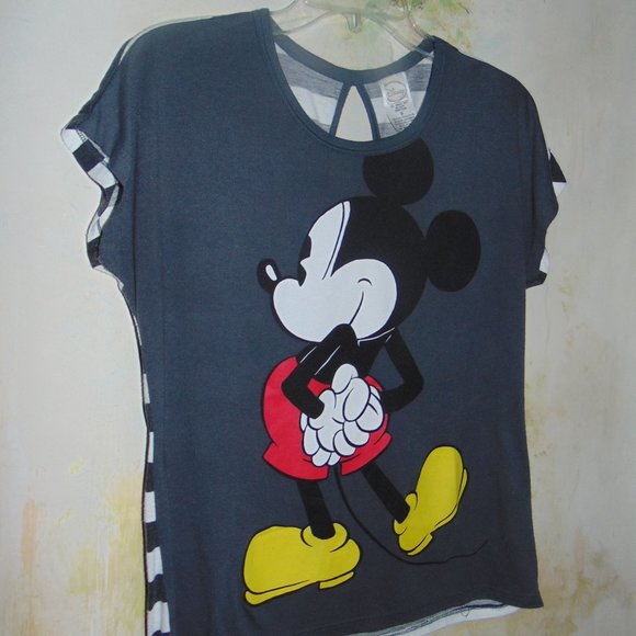Disney Women Top Medium Gray T-Shirt Graphic Mickey Mouse Back Striped Keyhole - Picture 4 of 5
